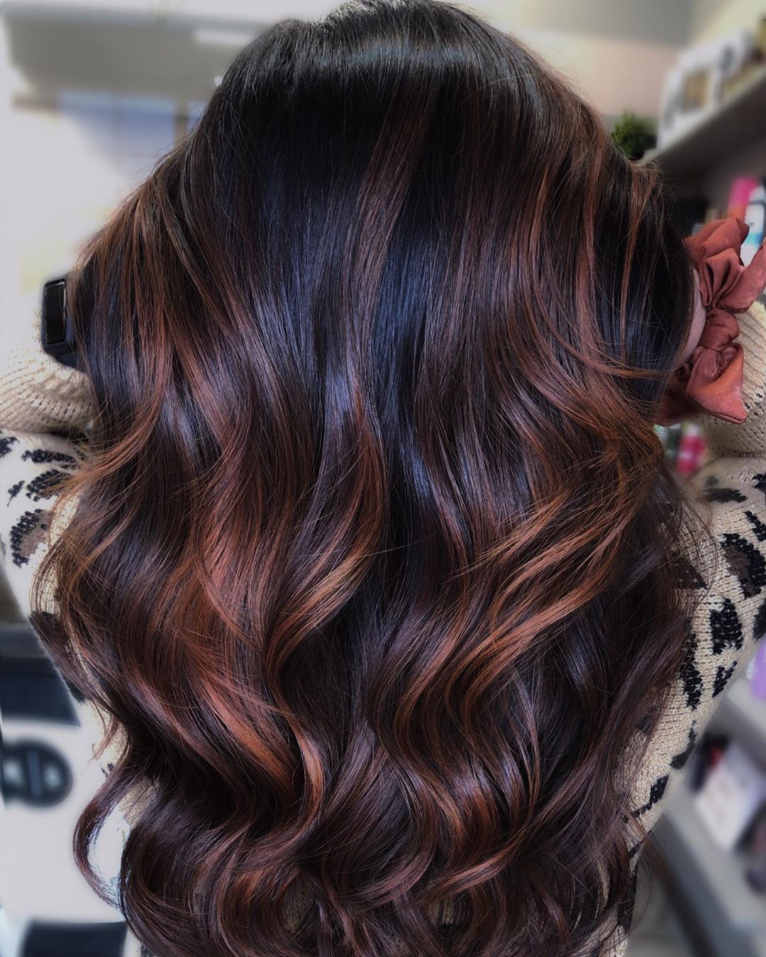 Mid-Back Dark Brown Caramel Balayage Blowout With A Middle Parting Mid-Back Dark Brown Caramel Balayage Blowout With A Middle Parting — Classy Dark Brown Hair with Caramel