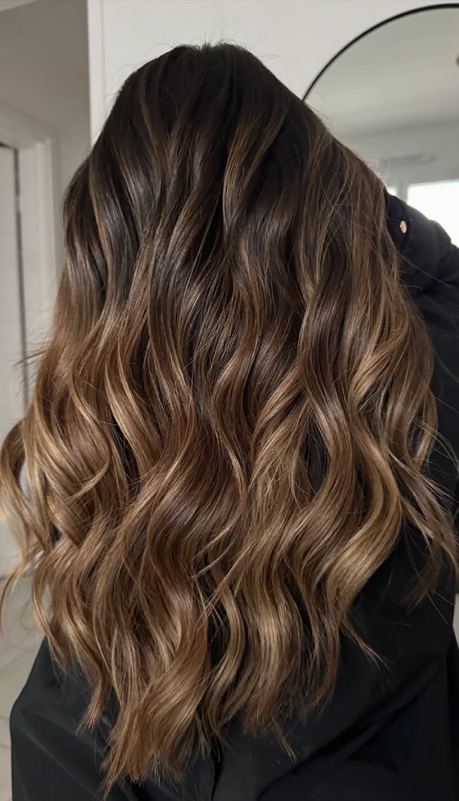 Mid-Back Dark Brown Caramel Balayage Smooth Transition Mid-Back Dark Brown Caramel Balayage Smooth Transition — Classy Dark Brown Hair with Caramel