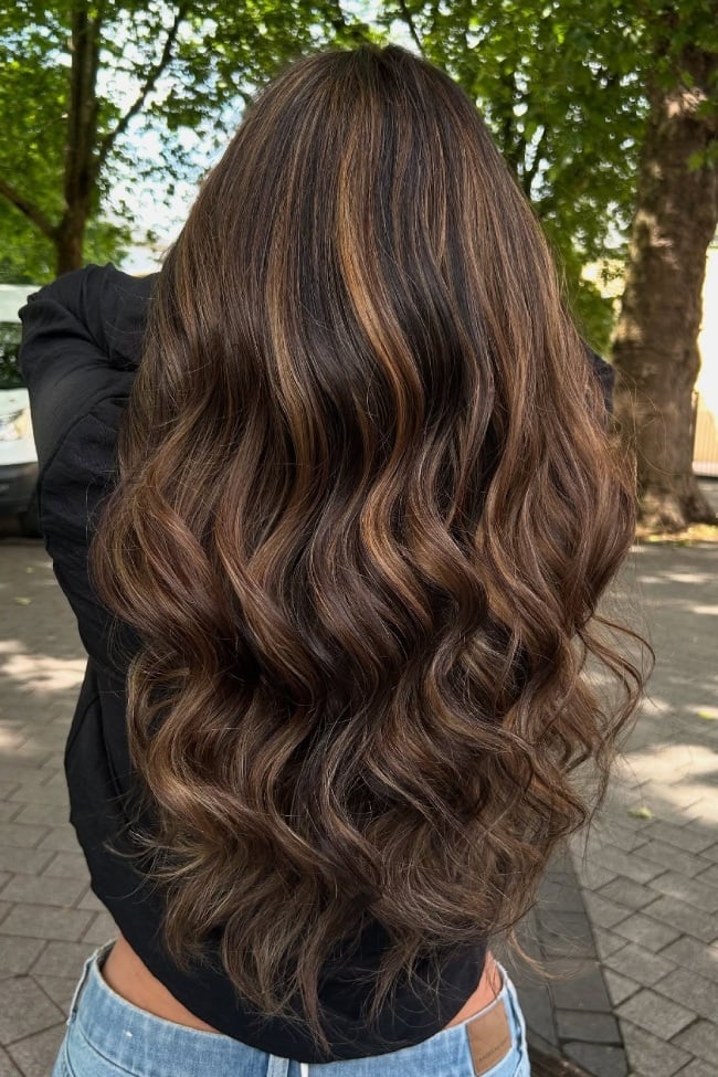 Mid-Back Dark Brown Caramel Balayage Soft Waves Mid-Back Dark Brown Caramel Balayage Soft Waves — Classy Dark Brown Hair with Caramel