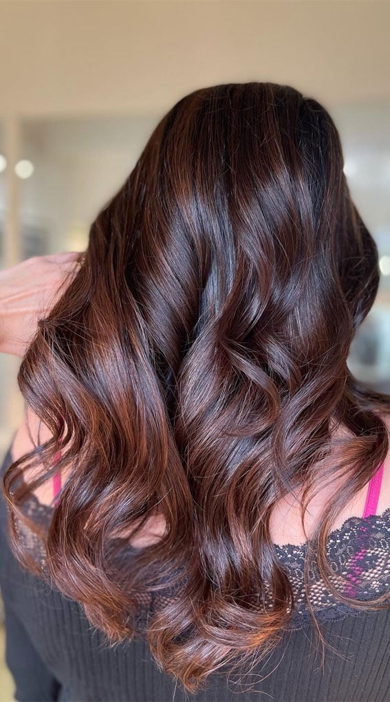 Mid-Back Dark Brown Caramel Ribbons Blowout With Dimensional Color Mid-Back Dark Brown Caramel Ribbons Blowout With Dimensional Color — Classy Dark Brown Hair with Caramel