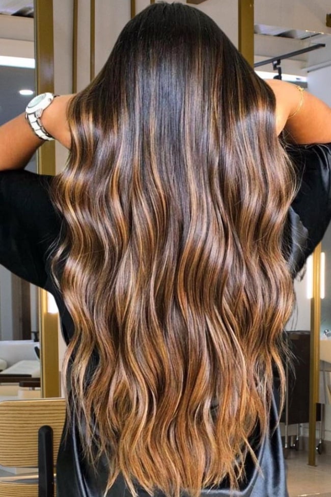 Mid-Back Dark Brown Sunlit Caramel Balayage, Everyday Version Mid-Back Dark Brown Sunlit Caramel Balayage, Everyday Version — Classy Dark Brown Hair with Caramel