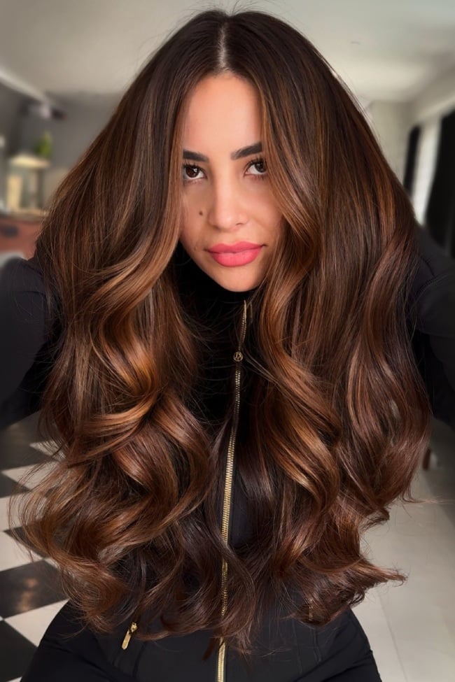 Thick Wavy Mid-Back Dark Brown Caramel Balayage, Close-Up Take Thick Wavy Mid-Back Dark Brown Caramel Balayage, Close-Up Take — Classy Dark Brown Hair with Caramel