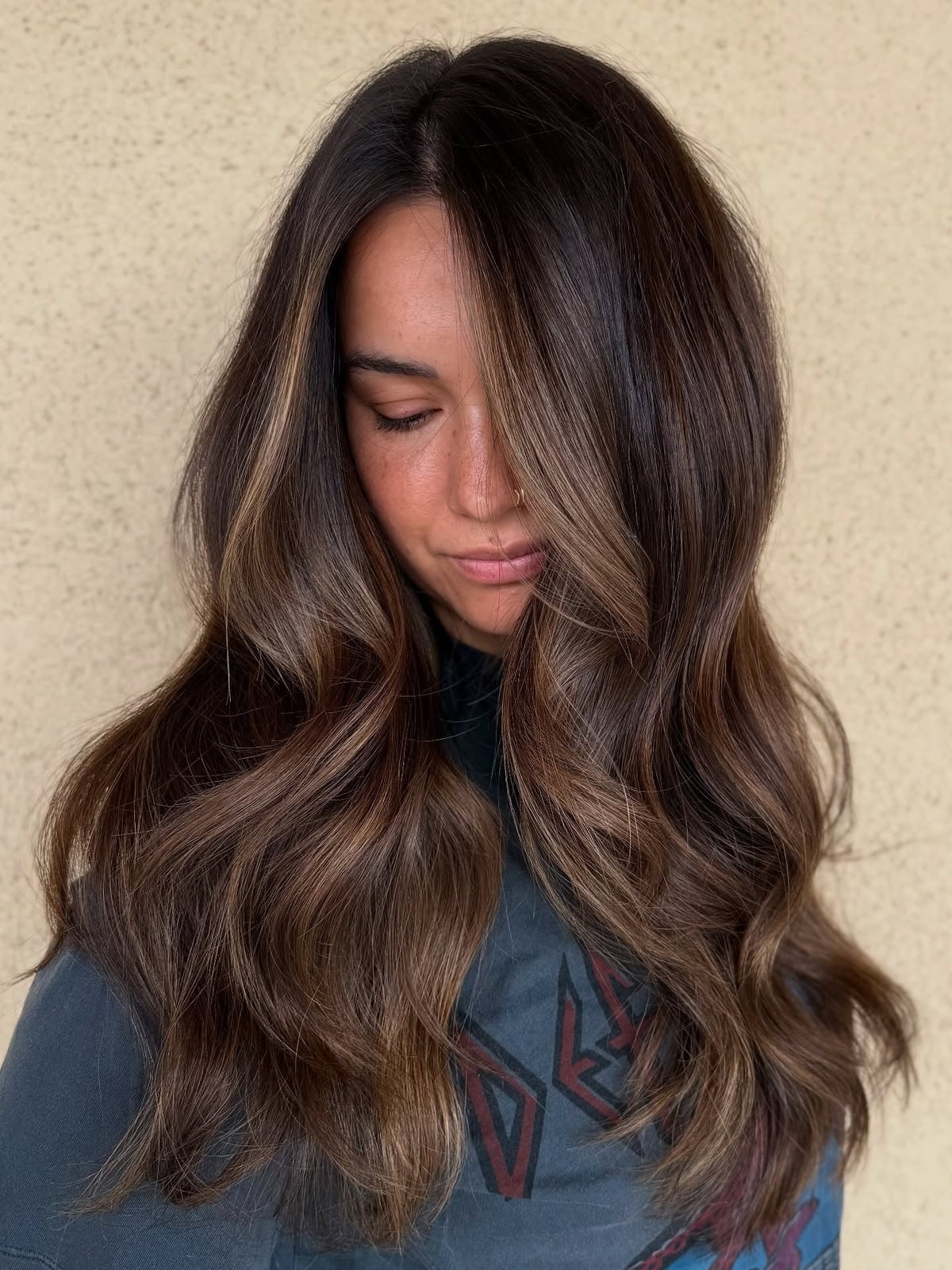 Mid-Back Dark Brown With Lighter Brown Highlights and Curtain Bangs Mid-Back Dark Brown With Lighter Brown Highlights and Curtain Bangs — Classy Dark Brown Highlights