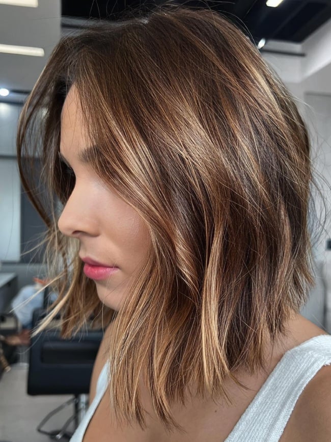 Collarbone Dark Brown Bob With Lighter Brown Highlights, Close-Up Take Collarbone Dark Brown Bob With Lighter Brown Highlights, Close-Up Take — Classy Dark Brown Highlights