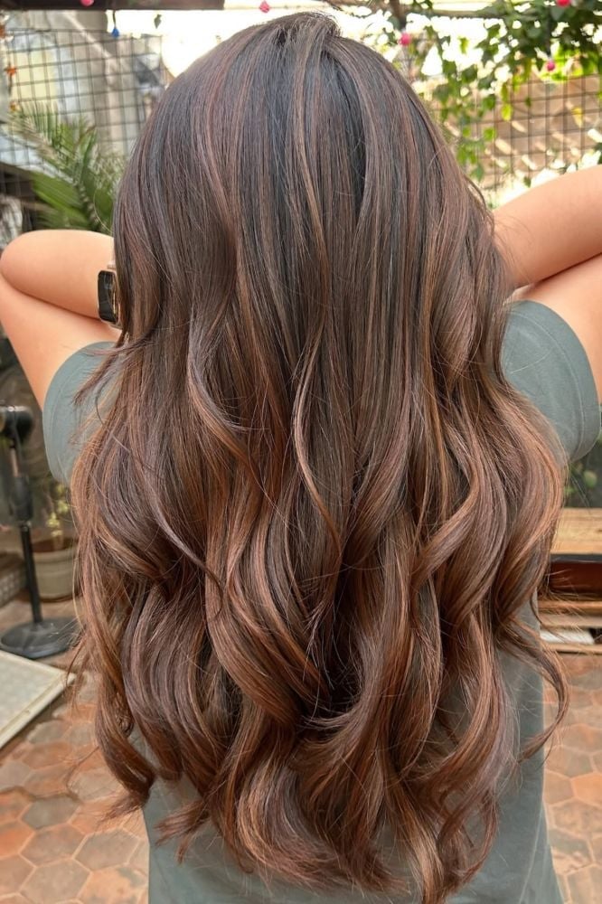 Mid-Back Dark Brown With Copper and Blonde Highlights, Wavy Mid-Back Dark Brown With Copper and Blonde Highlights, Wavy — Classy Dark Brown Highlights