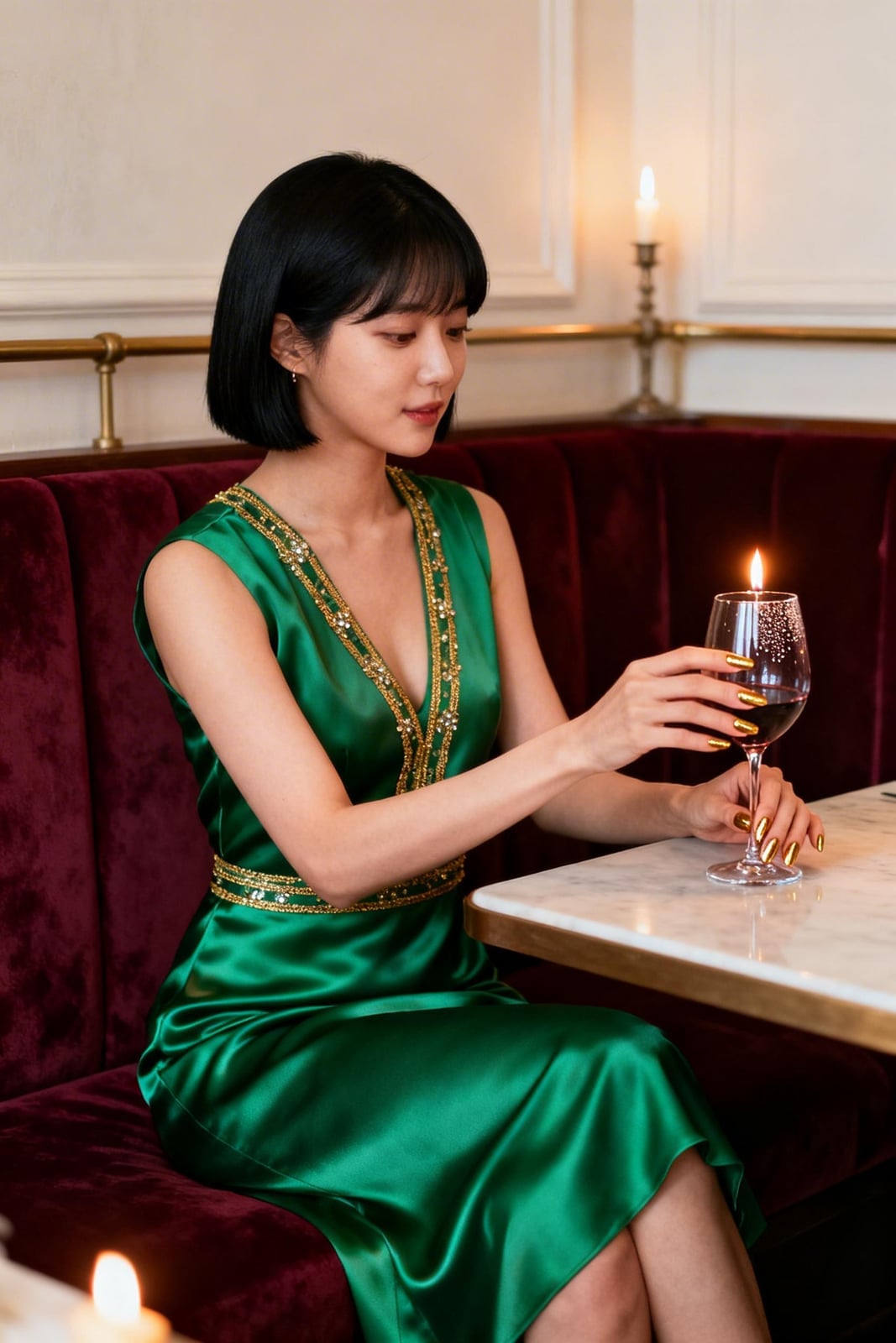 Emerald Satin Dress with Gold Embellishments and Falling To Mid-Calf Emerald Satin Dress with Gold Embellishments and Falling To Mid-Calf — Classy Dinner Outfits Classy
