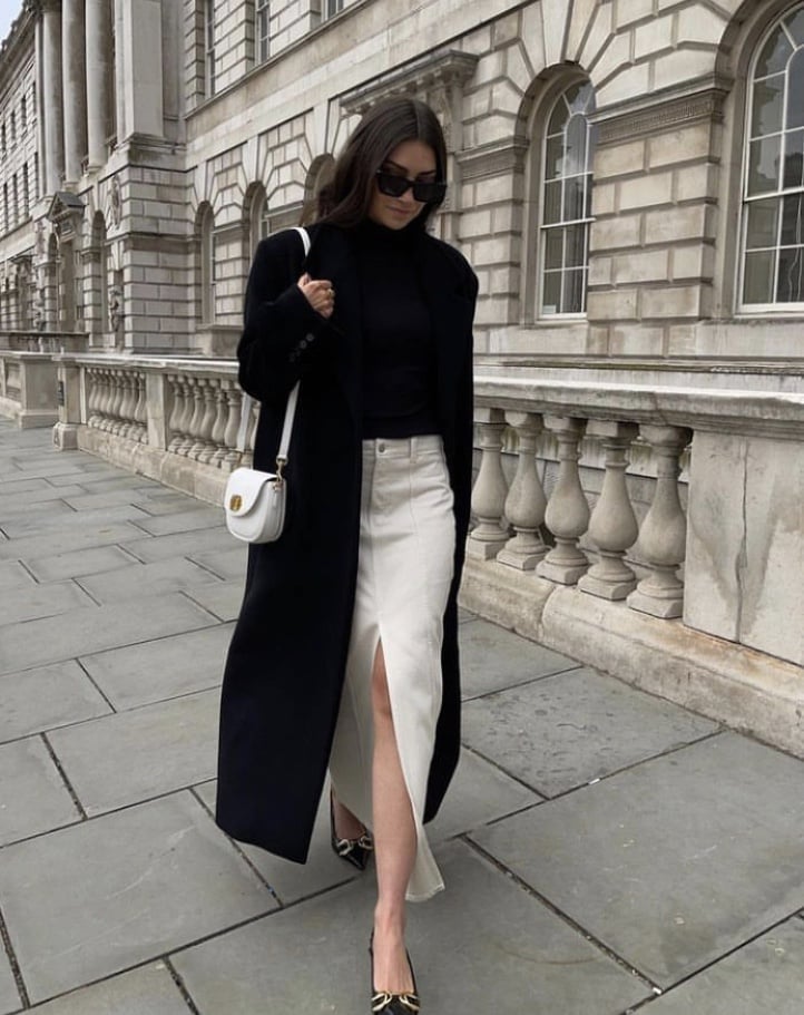 Black Coat Over Cream Midi Skirt and Turtleneck Black Coat Over Cream Midi Skirt and Turtleneck — Classy Dinner Outfits Classy