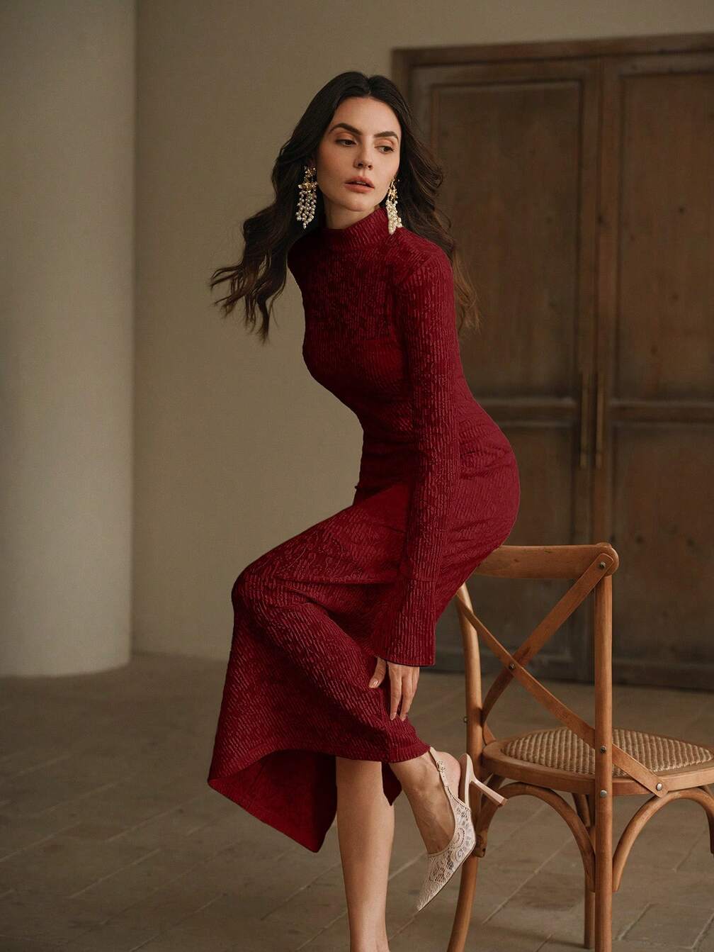 Burgundy Textured Knit Dress with Flared Sleeves Burgundy Textured Knit Dress with Flared Sleeves — Classy Dinner Outfits Classy