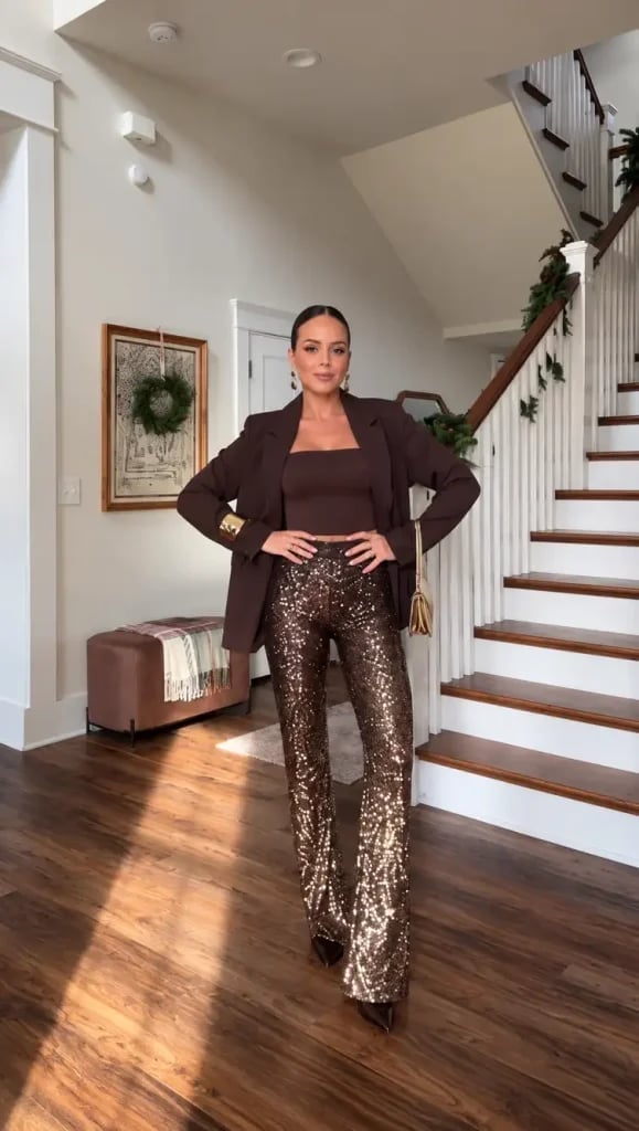 Brown Blazer with Sequined Wide-Leg Trousers Brown Blazer with Sequined Wide-Leg Trousers — Classy Dinner Outfits Classy