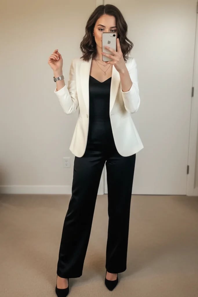 White Blazer Over Black Wide-Leg Jumpsuit White Blazer Over Black Wide-Leg Jumpsuit — Classy Dinner Outfits Classy