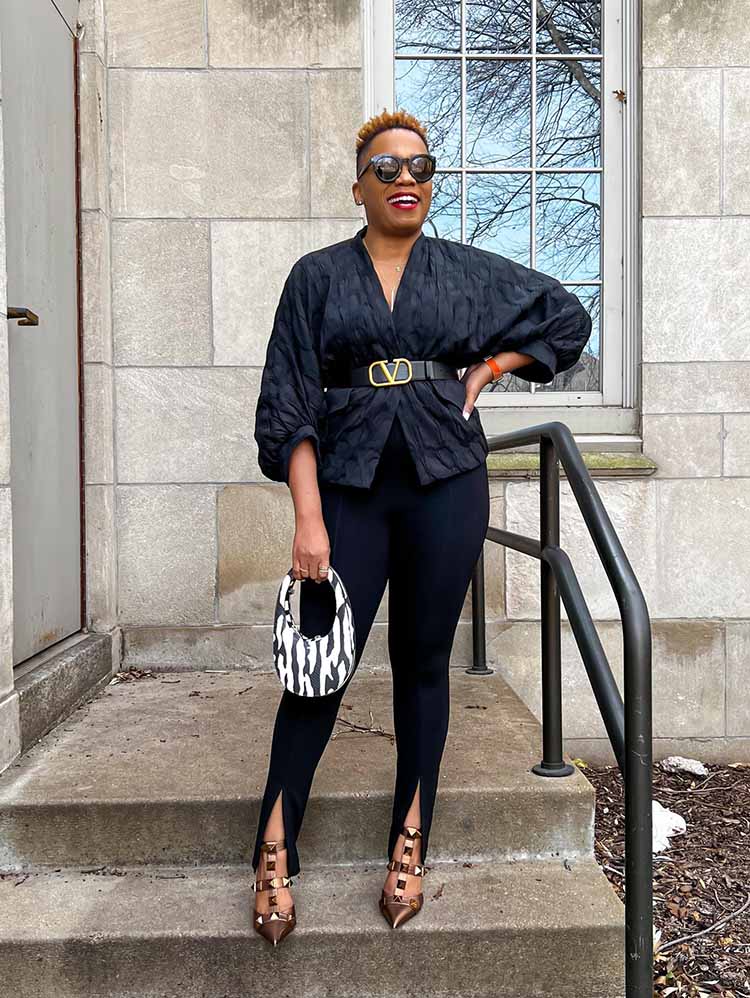 Black Kimono Jacket with Leggings and Studded Heels Black Kimono Jacket with Leggings and Studded Heels — Classy Dinner Outfits Classy