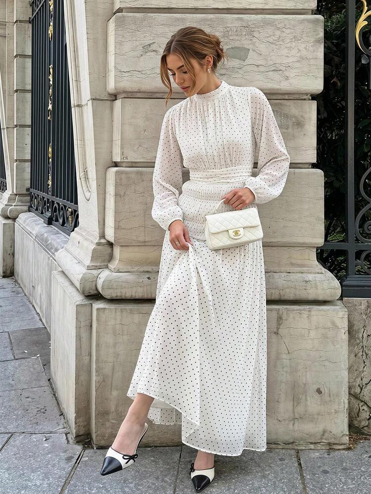 White Polka Dot Midi Dress with High Neck White Polka Dot Midi Dress with High Neck — Classy Dinner Outfits Classy