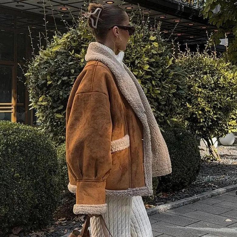Brown Shearling Jacket Over Cream Knit Dress Brown Shearling Jacket Over Cream Knit Dress — Classy Dinner Outfits Classy