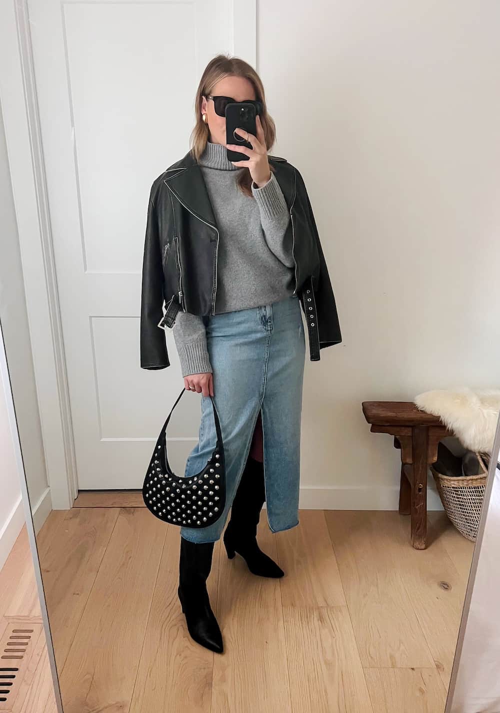 Leather Jacket Over Gray Turtleneck and Denim Skirt Leather Jacket Over Gray Turtleneck and Denim Skirt — Classy Dinner Outfits Classy