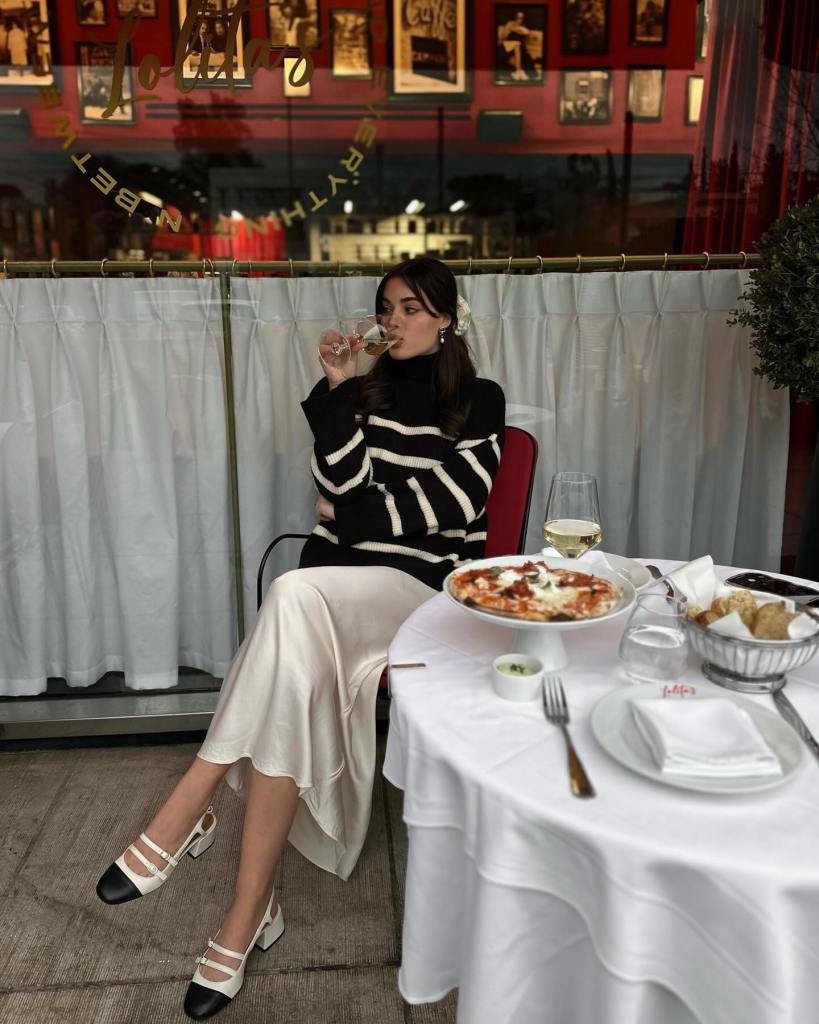 Striped Turtleneck Sweater with Satin Midi Skirt, Close-Up Take Striped Turtleneck Sweater with Satin Midi Skirt, Close-Up Take — Classy Dinner Outfits Classy