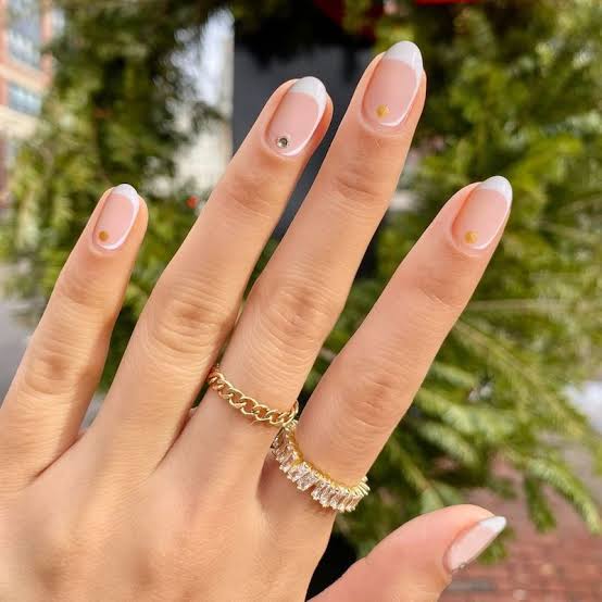 French Manicure With Gold Dots Medium Almond Nails — Classy Dip Nails