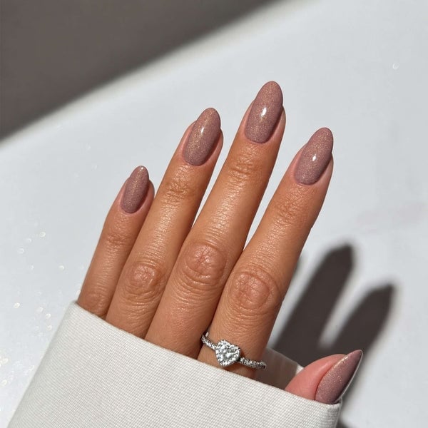 Shimmering Rose Gold Medium Almond Nails — Classy Dip Nails