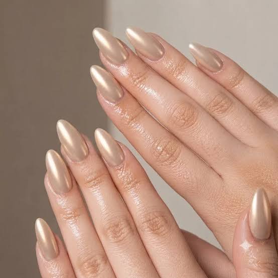 Champagne Chrome Medium Almond Nails — Classy Dip Nails