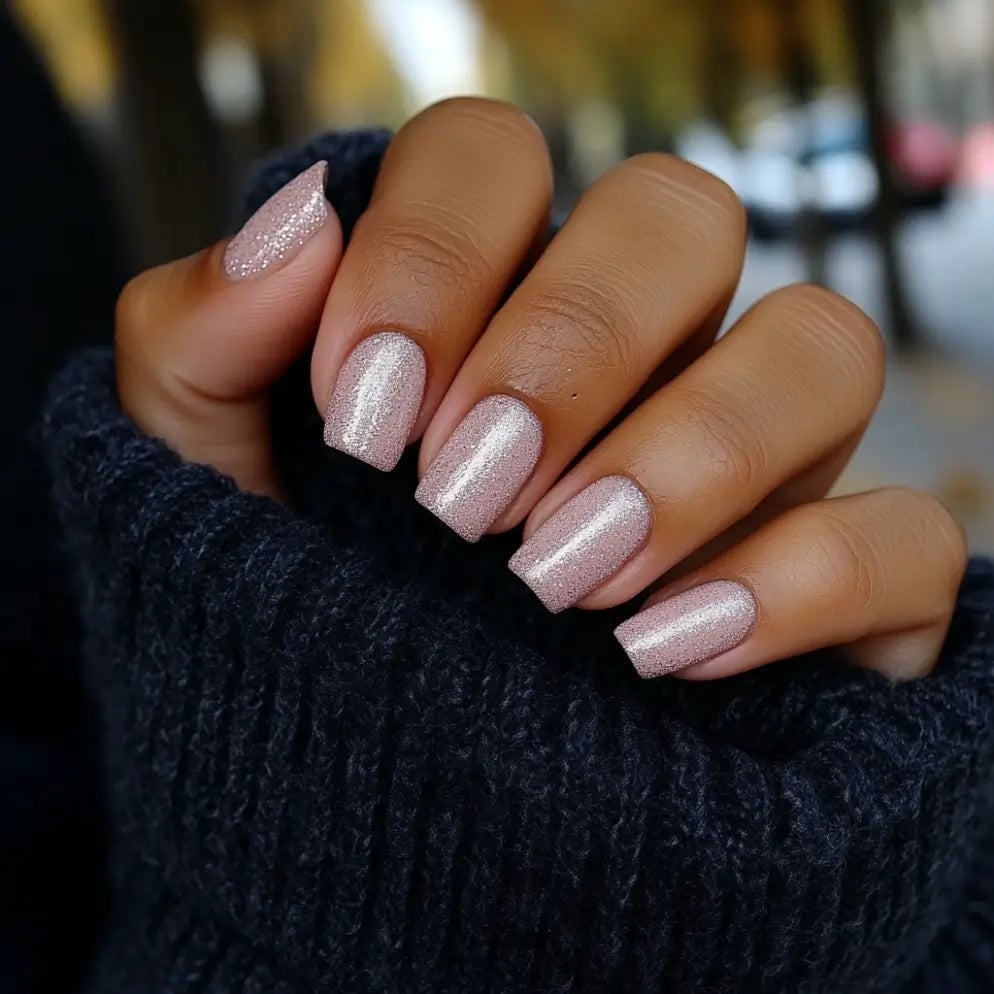 Pale Pink Silver Shimmer Medium Square Nails — Classy Dip Nails