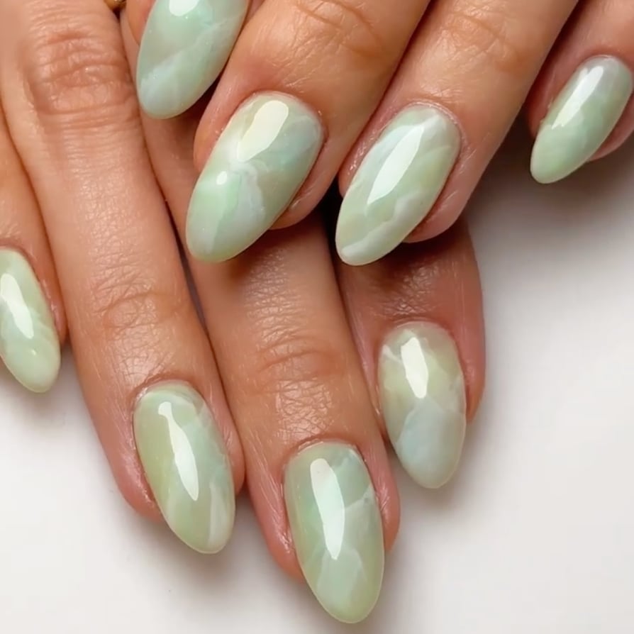 Pale Green Marble Milky Pearlescent Oval Nails — Classy Dip Nails