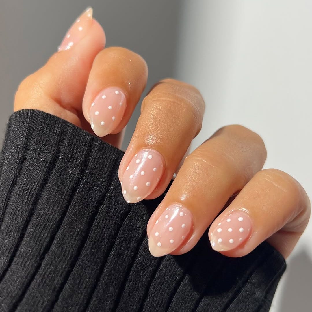 Sheer Nude Polka Dot Short Almond Nails — Classy Dip Nails