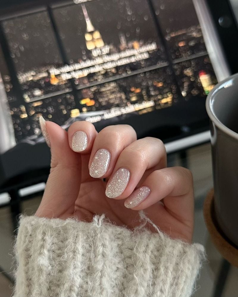 Light Beige Subtle Shimmer Short Oval Nails — Classy Dip Nails