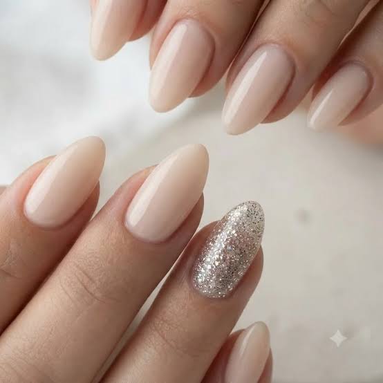 Sheer Nude With Silver Glitter Accent Short Almond Nails — Classy Dip Nails