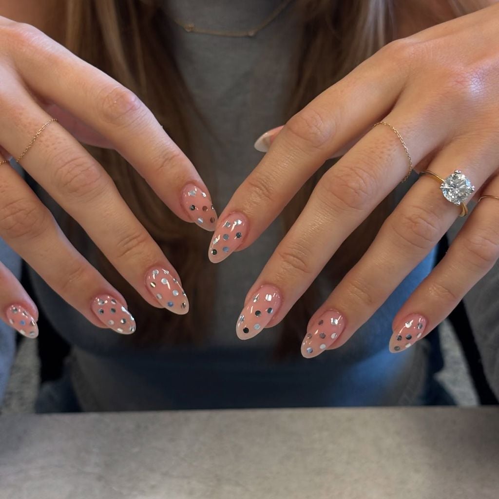Sheer Nude With Silver Foil Confetti Medium Almond Nails — Classy Dip Nails