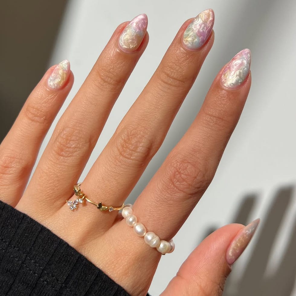 Abstract Iridescent Accents Long Almond Nails — Classy Dip Nails