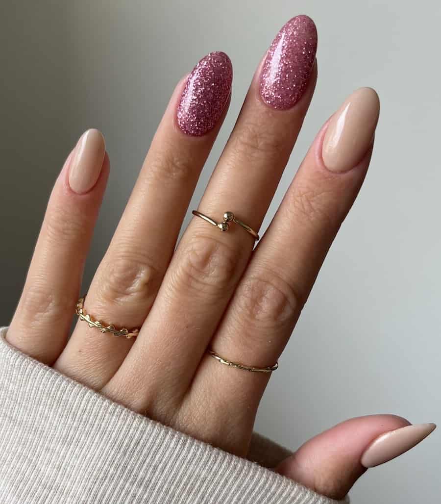 Nude Glossy With Rose Glitter Accent Nails — Classy Dip Nails