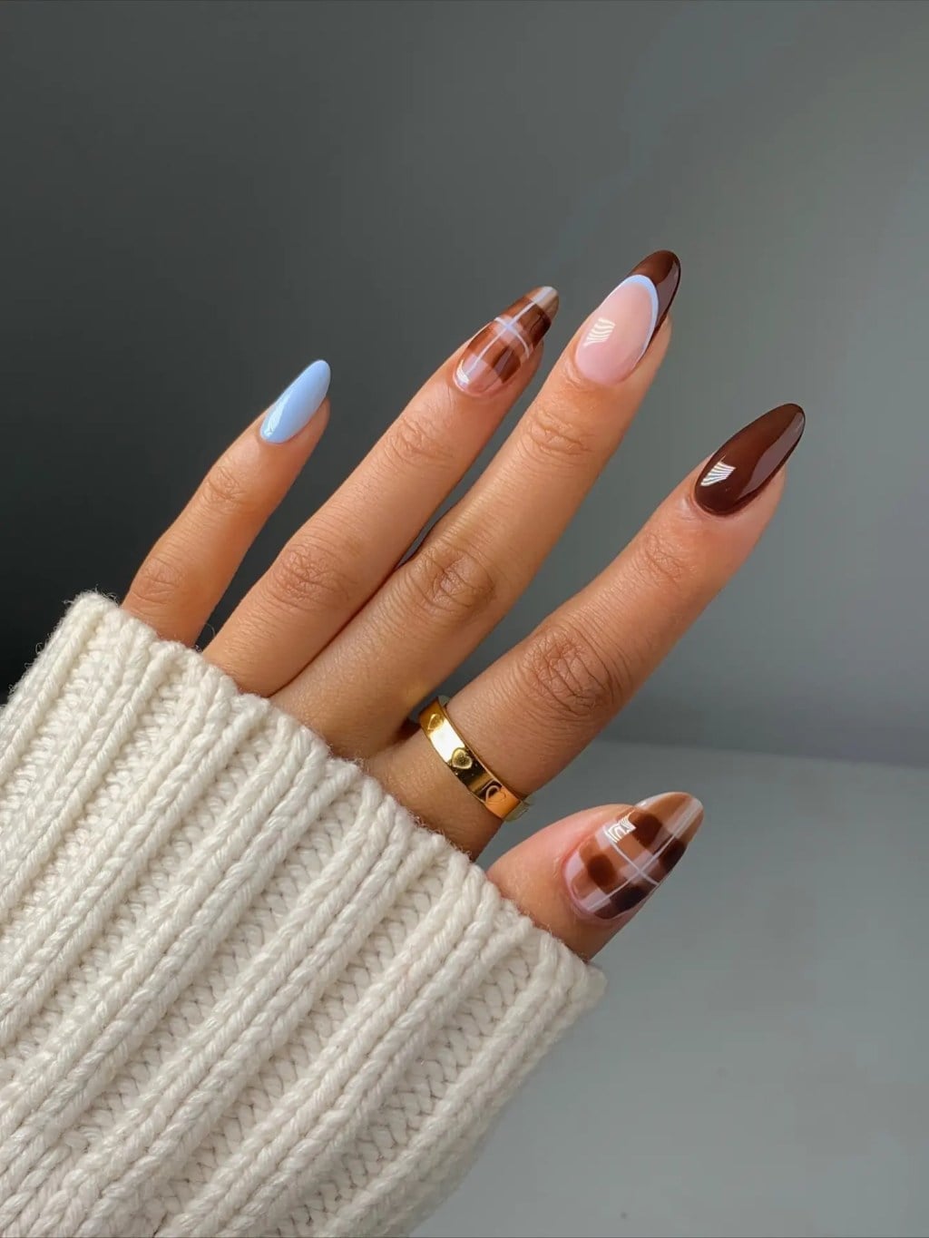 Brown French Plaid Light Blue Medium Almond Nails — Classy Dip Nails
