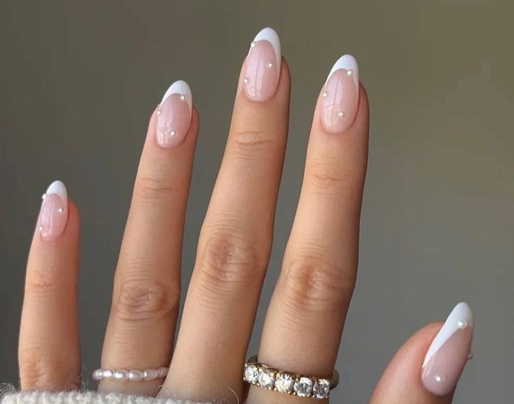 Pearl Accented French Medium Almond Nails — Classy Dip Nails