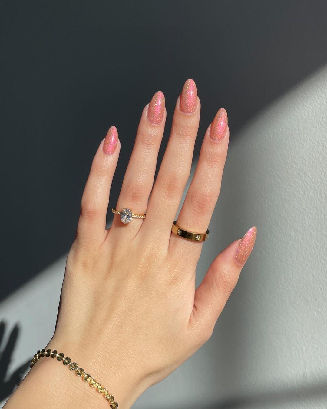 Sheer Pink Gold Shimmer Long Almond Nails — Classy Dip Nails