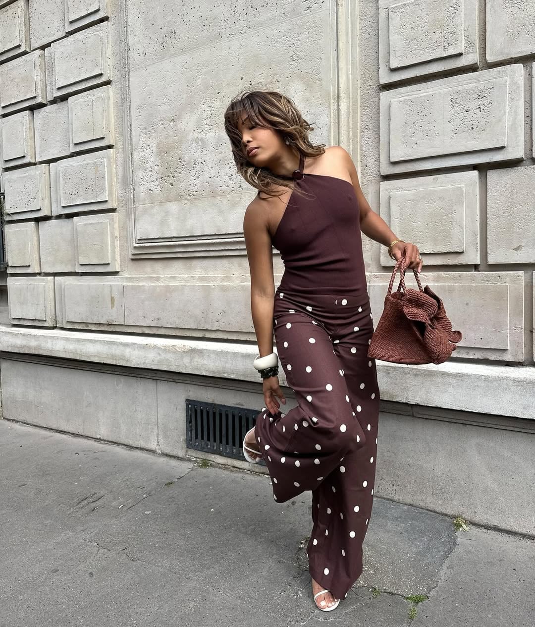 Brown Halter Top with Polka Dot Wide-Leg Pants — Classy Dress Pants Outfit Women