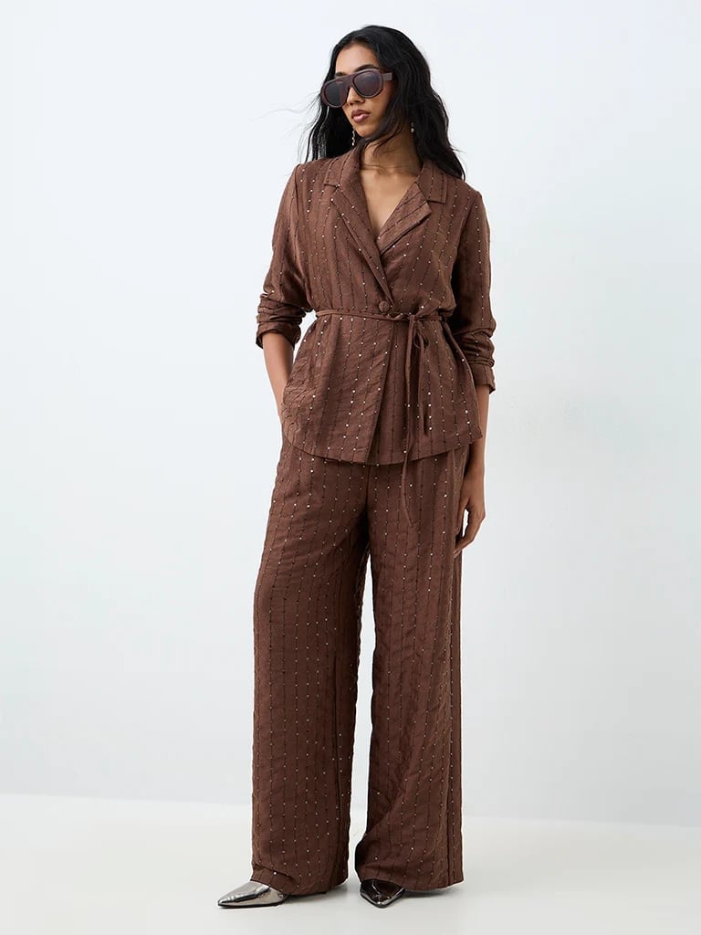 Monochromatic Brown Suit with Sparkling Embellishments — Classy Dress Pants Outfit Women