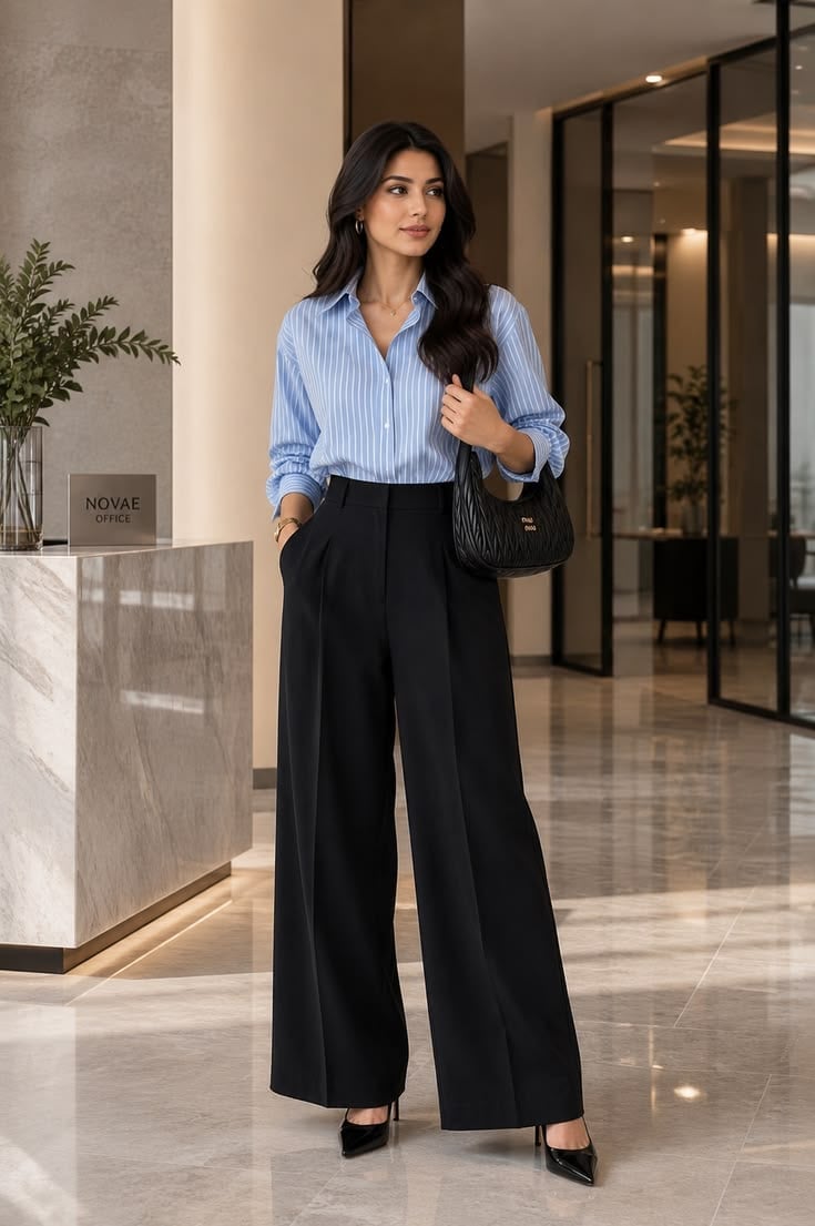 Striped Button-Down with Black Wide-Leg Pants — Classy Dress Pants Outfit Women