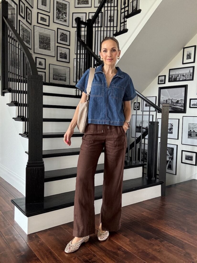 Blue Denim Shirt with Brown Linen Wide-Leg Pants — Classy Dress Pants Outfit Women