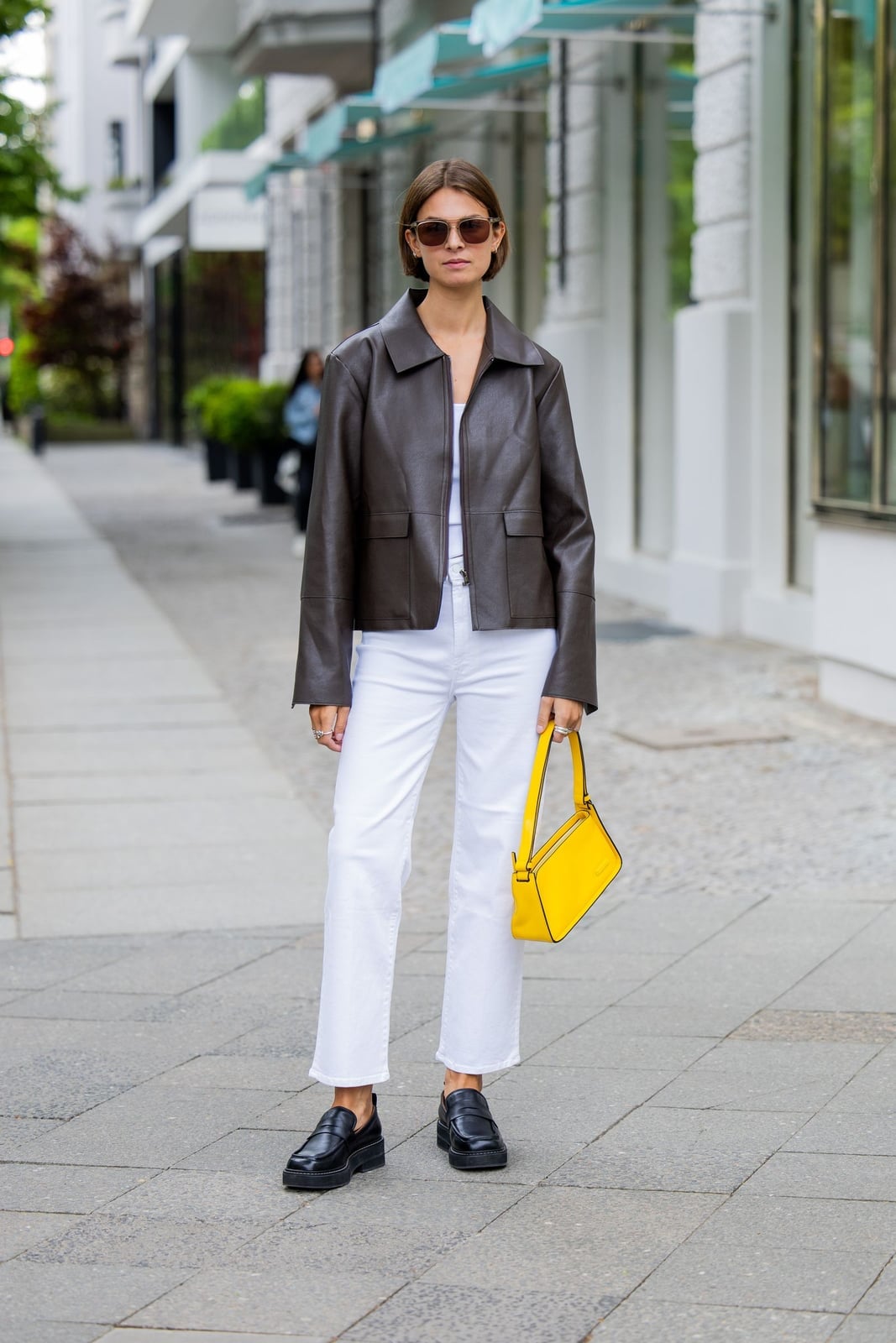White Tank Top with Plaid Plissé Satin Pants — Classy Dress Pants Outfit Women