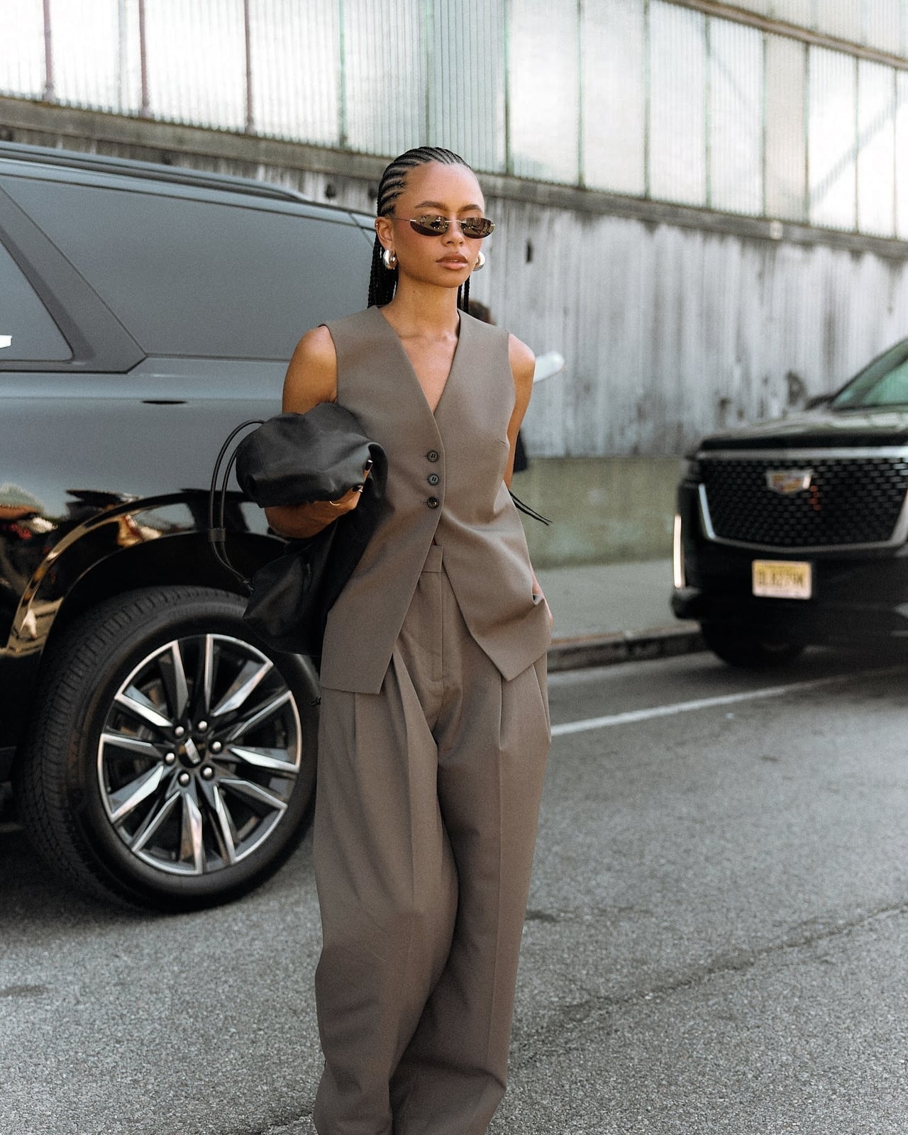 Taupe Sleeveless Vest with Taupe Wide-Leg Trousers — Classy Dress Pants Outfit Women