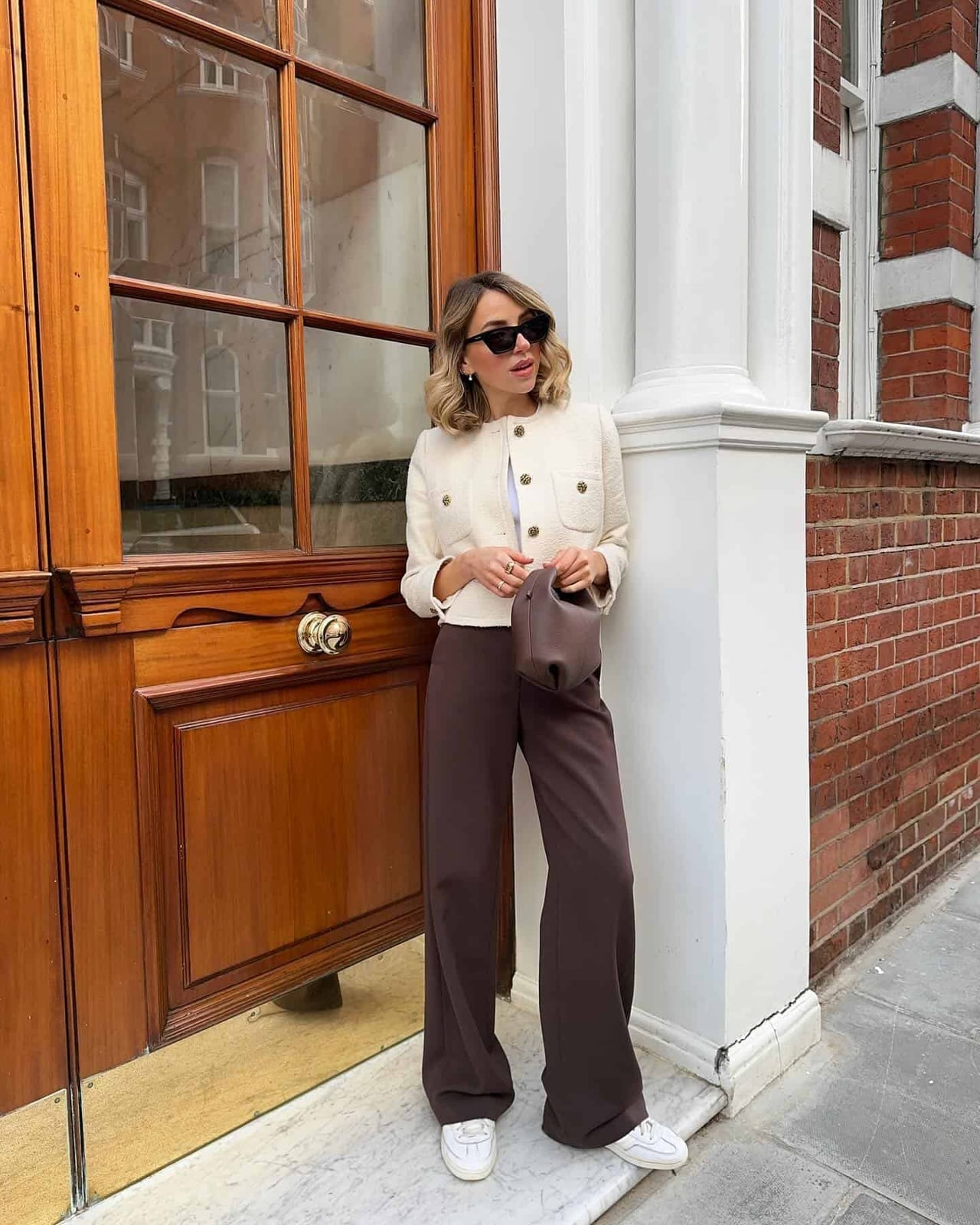 Cream Tweed Jacket with White Top and Brown Wide-Leg Pants — Classy Dress Pants Outfit Women
