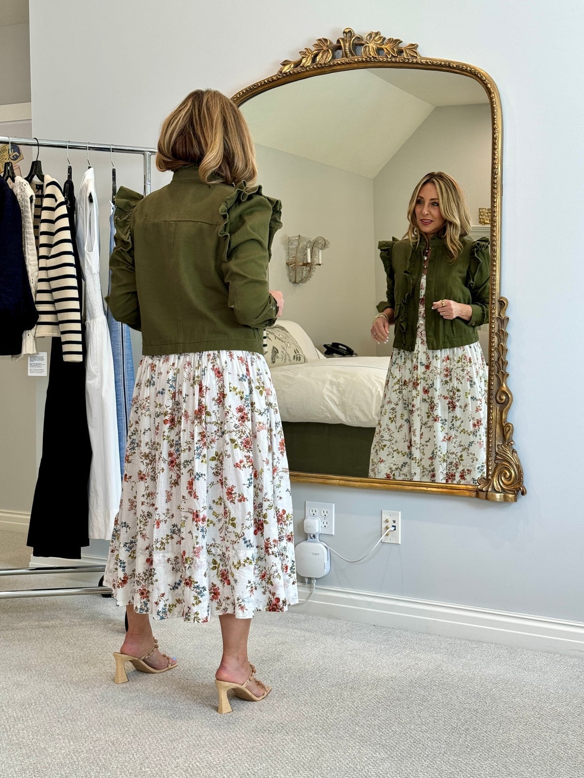 Floral Midi Dress With Olive Green Jacket Floral Midi Dress With Olive Green Jacket — Classy Dress Up Day Ideas