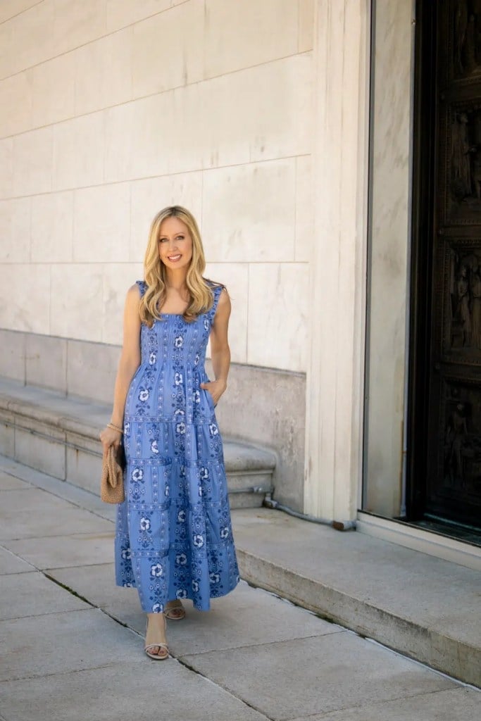 Blue Floral Midi Dress With Square Neckline Blue Floral Midi Dress With Square Neckline — Classy Dress Up Day Ideas