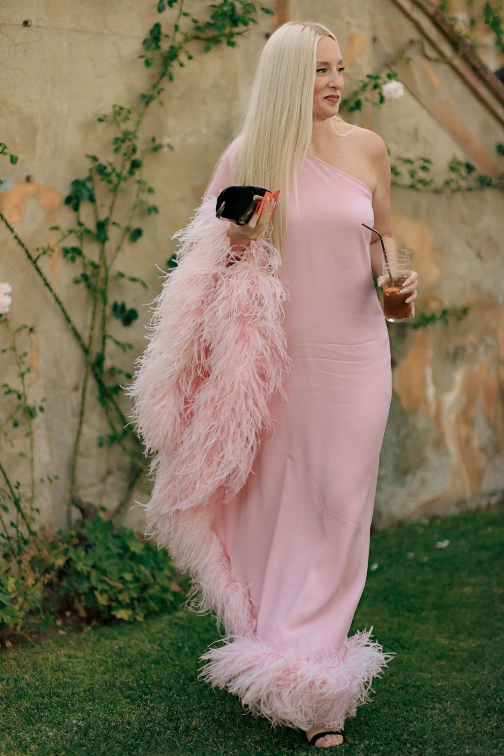 Pale Pink One-Shoulder Dress With Feather Trim Pale Pink One-Shoulder Dress With Feather Trim — Classy Dress Up Day Ideas