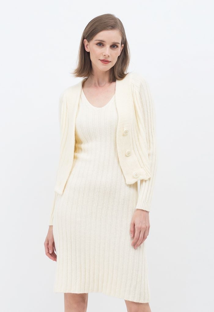Cream Ribbed Knit Dress with Cropped Cardigan, Close-Up Take Cream Ribbed Knit Dress with Cropped Cardigan, Close-Up Take — Classy Dress with Cardigan