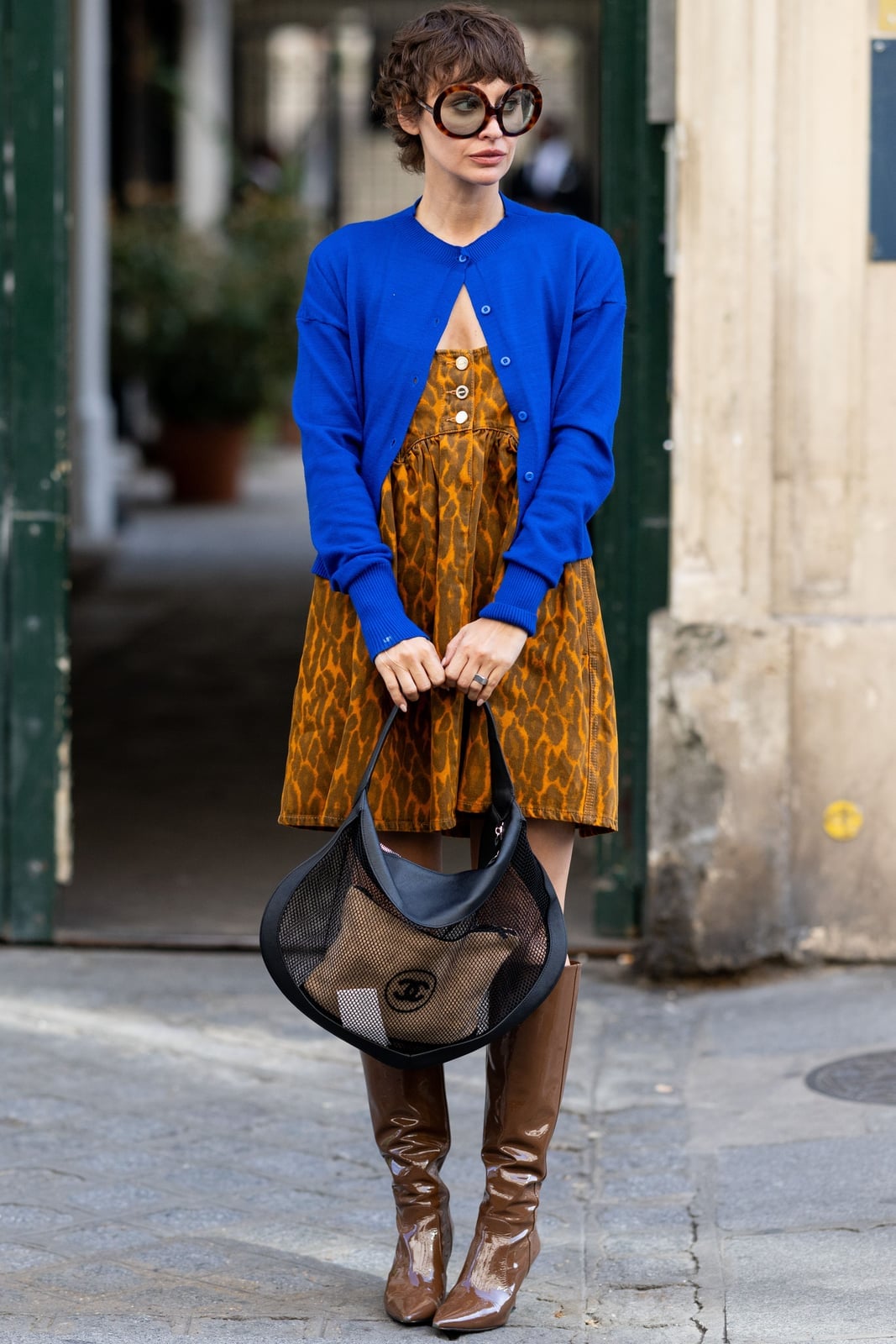 Animal Print Dress with Blue Knit Cardigan Animal Print Dress with Blue Knit Cardigan — Classy Dress with Cardigan