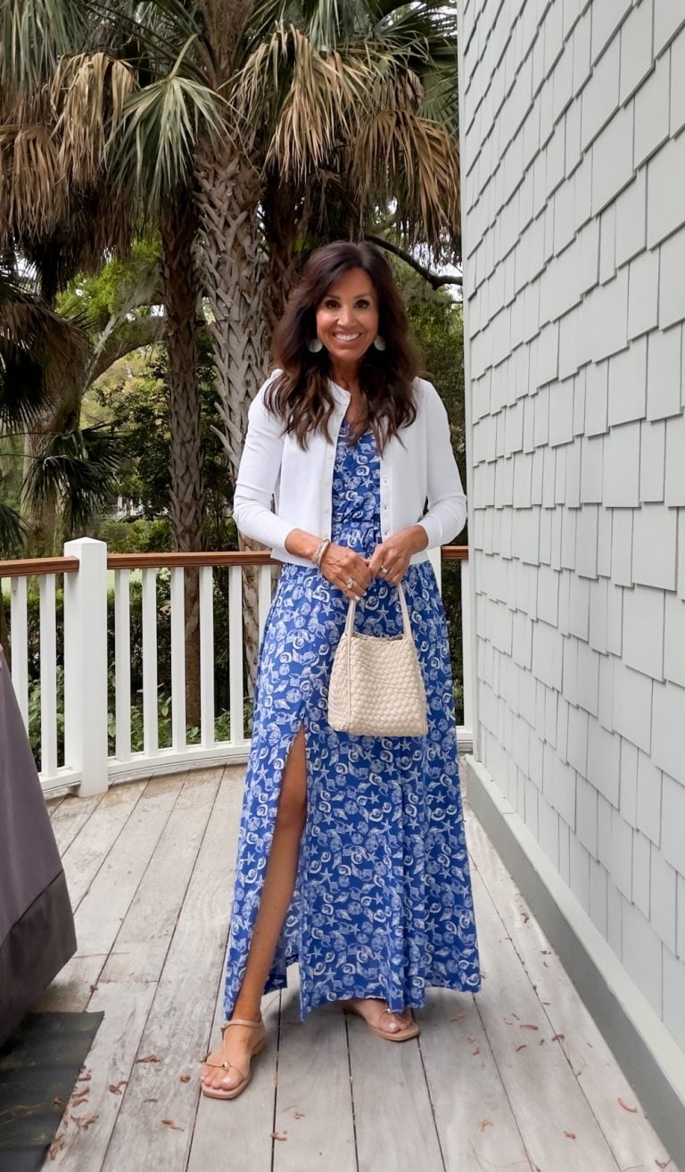 Blue Floral Maxi Dress with White Cropped Cardigan Blue Floral Maxi Dress with White Cropped Cardigan — Classy Dress with Cardigan