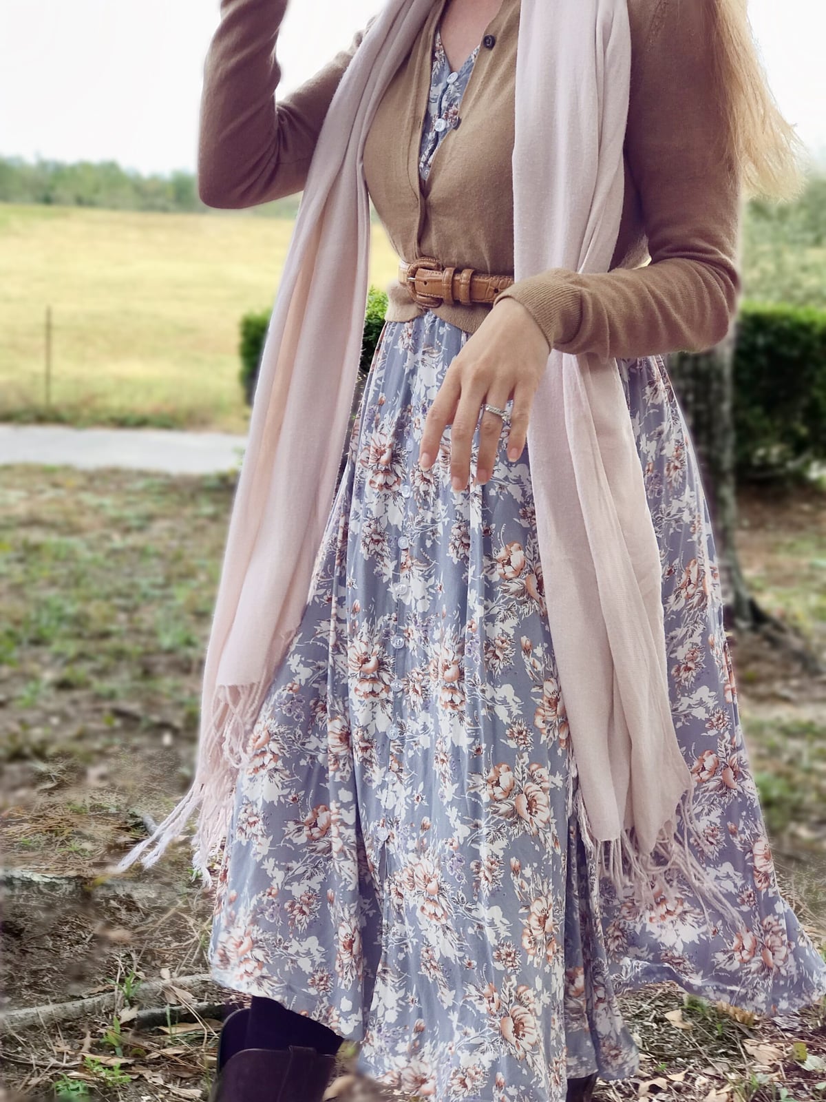 Blue Floral A-line Dress with Tan Cardigan Blue Floral A-line Dress with Tan Cardigan — Classy Dress with Cardigan