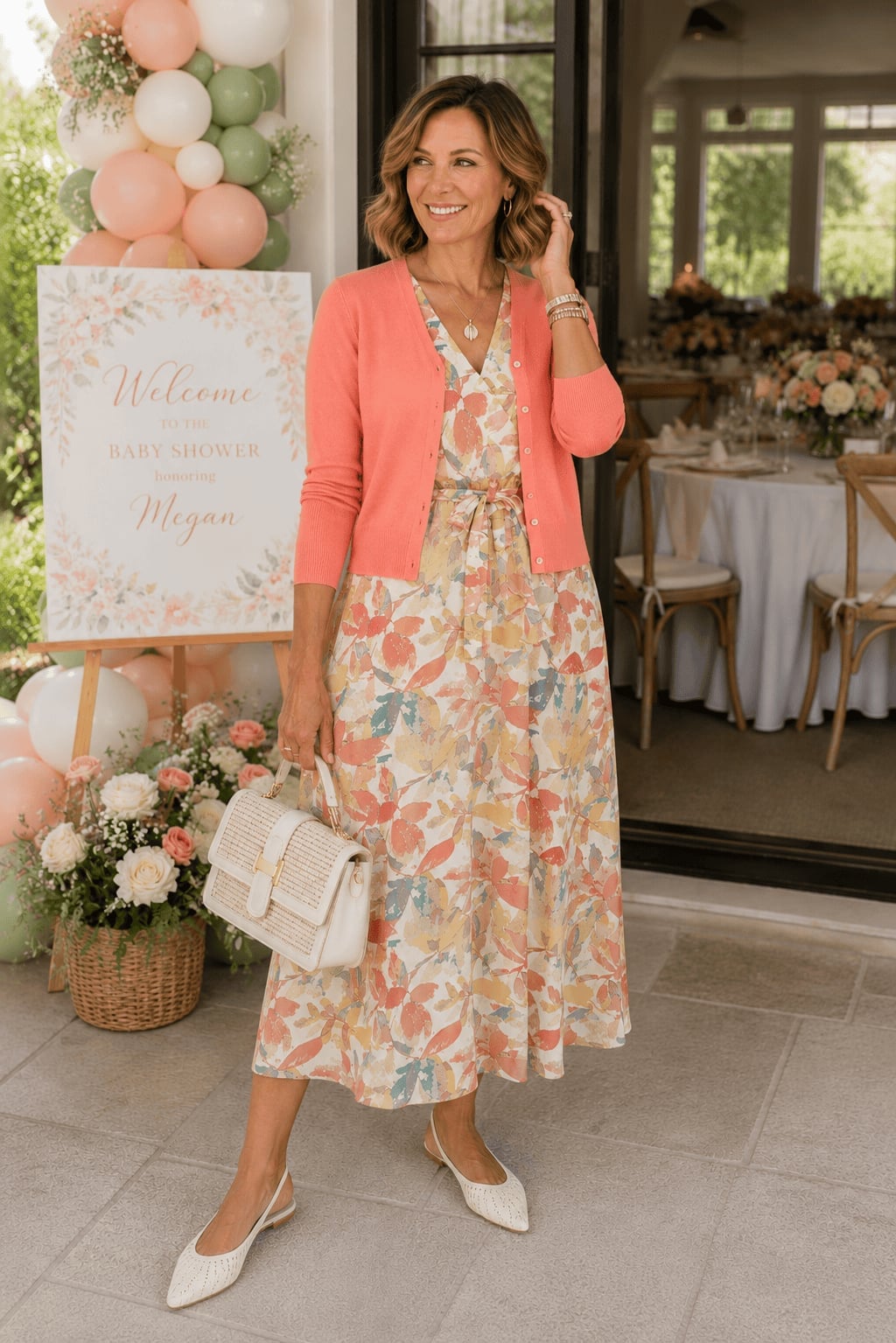 Coral Pink Cardigan Over Floral Print Dress Coral Pink Cardigan Over Floral Print Dress — Classy Dress with Cardigan
