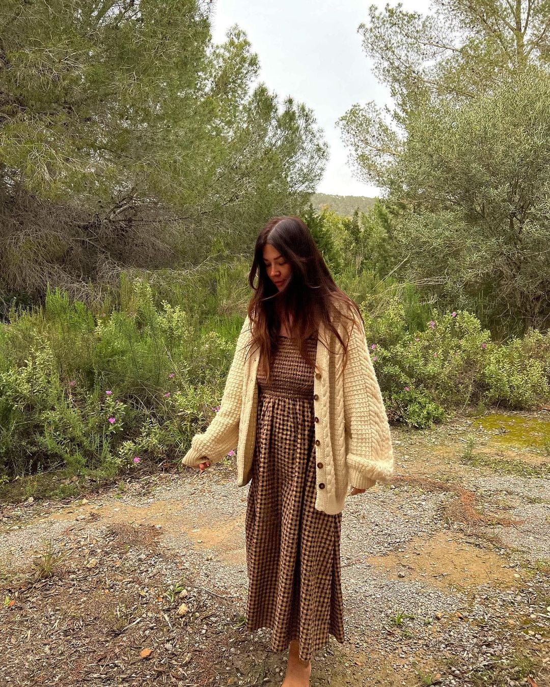 Check Print Dress with Cream Cable Knit Cardigan Check Print Dress with Cream Cable Knit Cardigan — Classy Dress with Cardigan