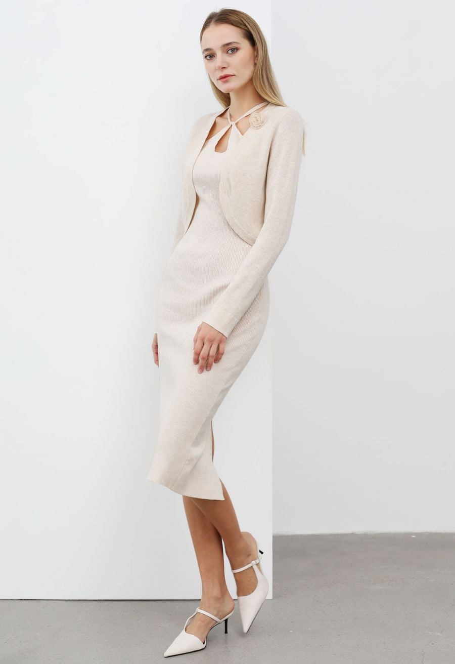 Cream Ribbed Knit Dress with Cropped Bolero Cardigan Cream Ribbed Knit Dress with Cropped Bolero Cardigan — Classy Dress with Cardigan